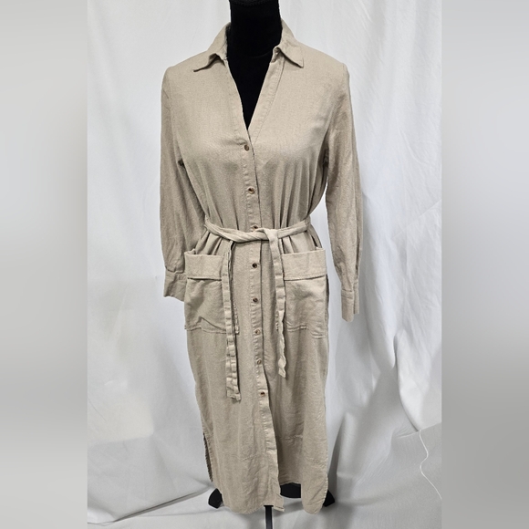 Zara women S linen midi shirt dress tied earthy gold snap buttons tan trench - Picture 2 of 8